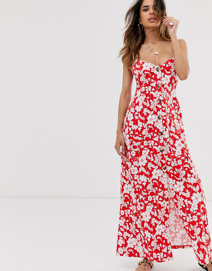 фото Платье макси на пуговицах и с цветочным принтом красного цвета asos design-мульти