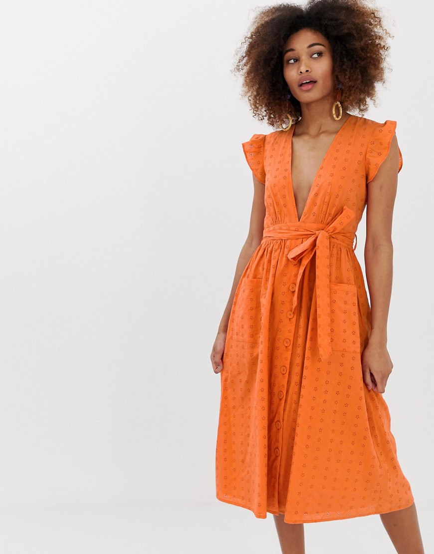 фото Платье макси с глубоким вырезом, поясом и вышивкой ришелье neon rose-оранжевый