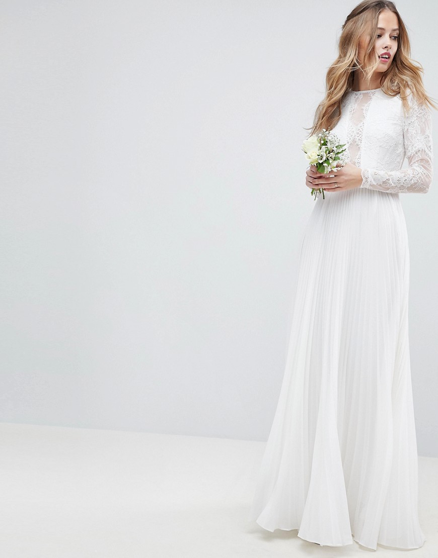 фото Платье макси с кружевным лифом, длинными рукавами и плиссированной юбкой asos edition-кремовый