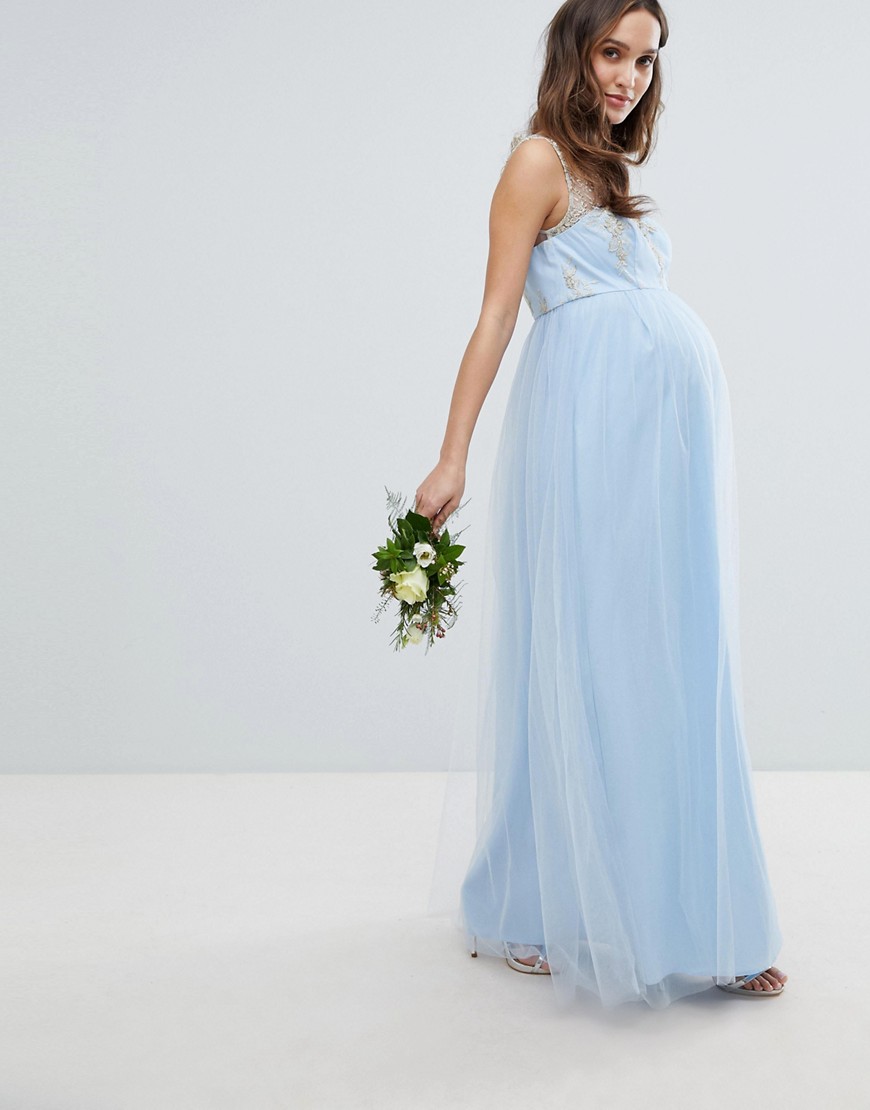 фото Платье макси с открытыми плечами, без рукавов и с кружевом chi chi london maternity-синий