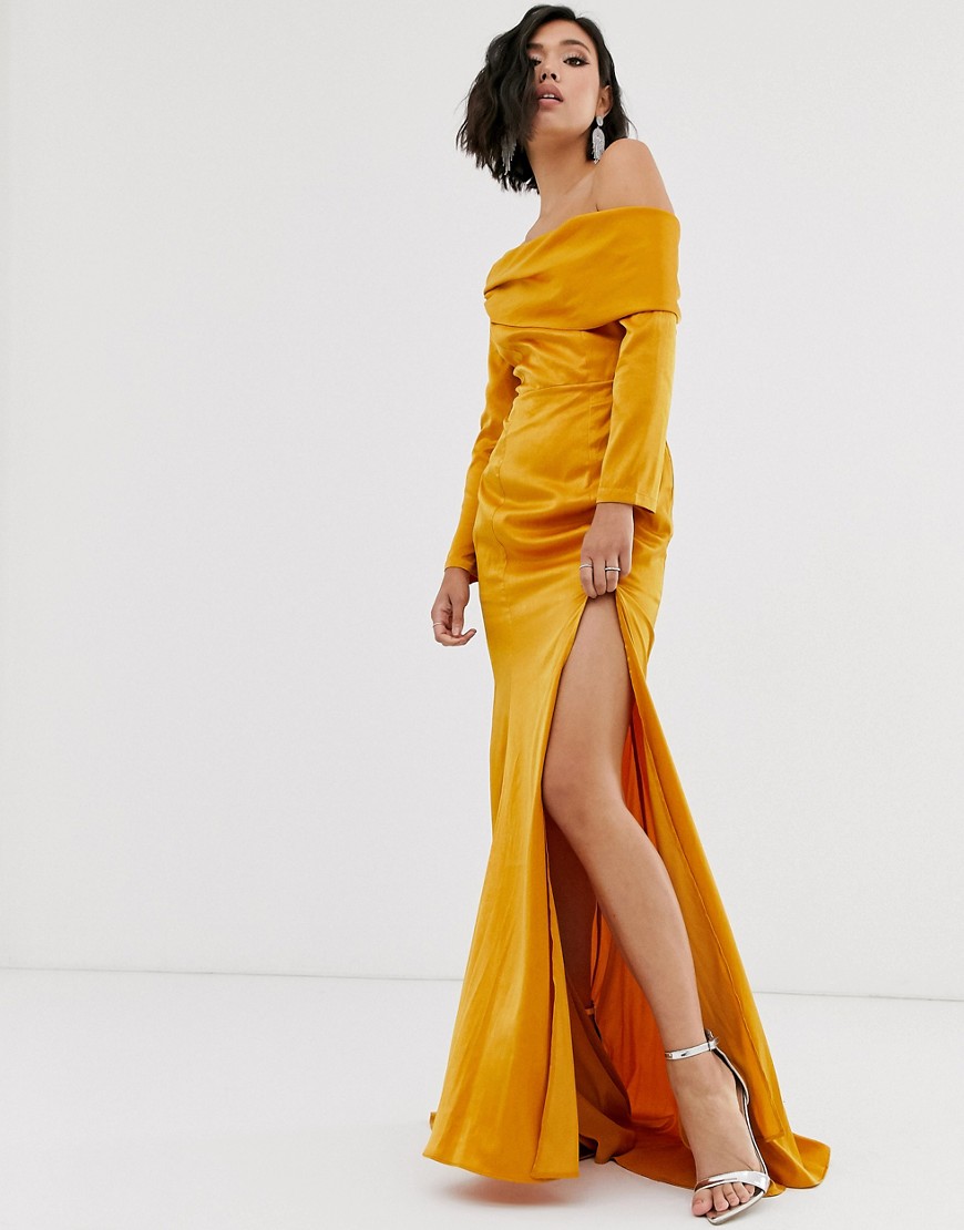 фото Платье макси с открытыми плечами и высоким разрезом yaura-золотой