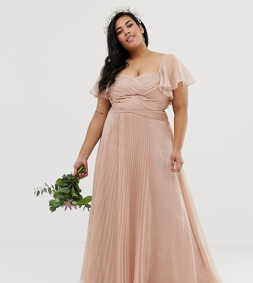 Платье макси с плиссировкой и рукавами клеш ASOS DESIGN Curve-Розовый