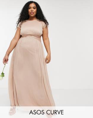  Платье макси с присборенным лифом и короткими рукавами ASOS DESIGN Curve Bridesmaid-Розовый цвет