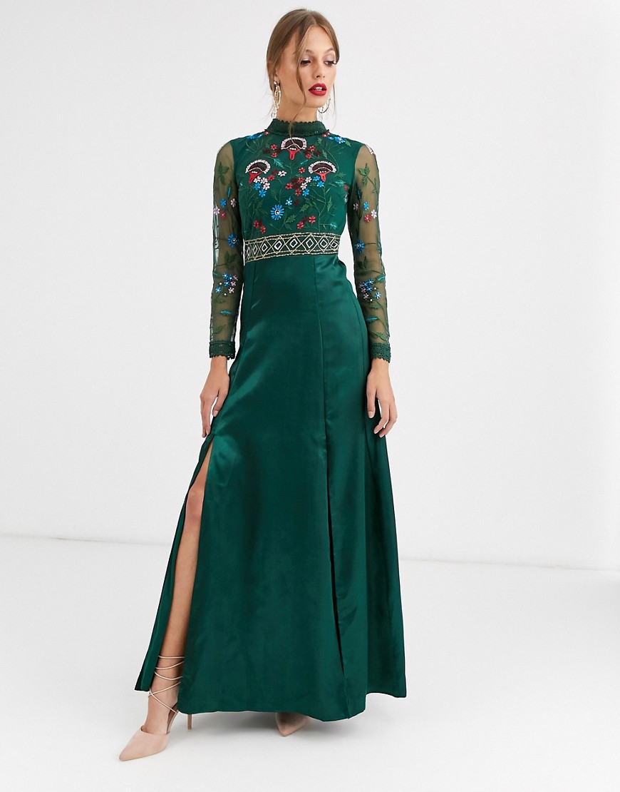 фото Платье макси с вышивкой и длинным рукавом frock & frill-зеленый frock and frill