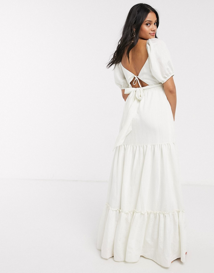 фото Платье макси с ярусной юбкой, пышными рукавами и поясом skylar rose-белый