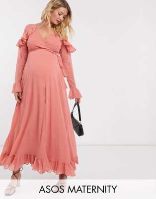 фото Платье макси с запахом и баской asos design maternity-розовый asos maternity