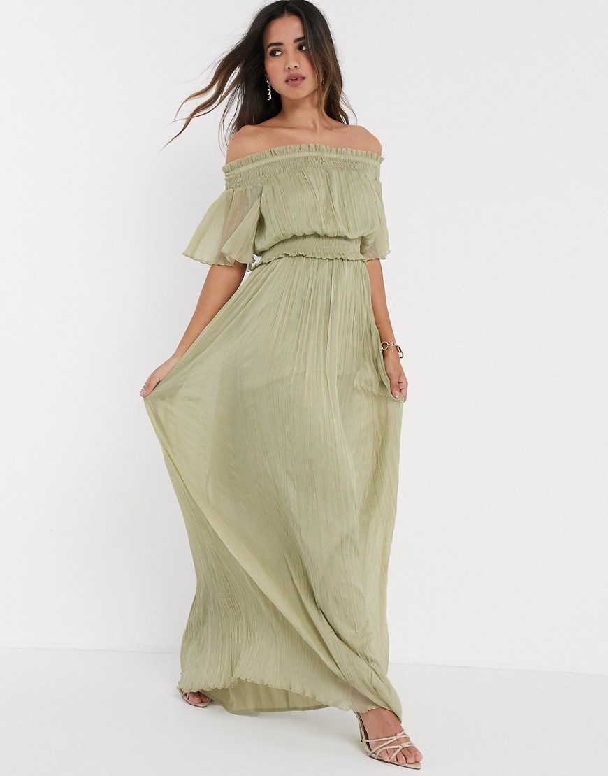 фото Платье макси со спущенными плечами и сборками asos design-зеленый