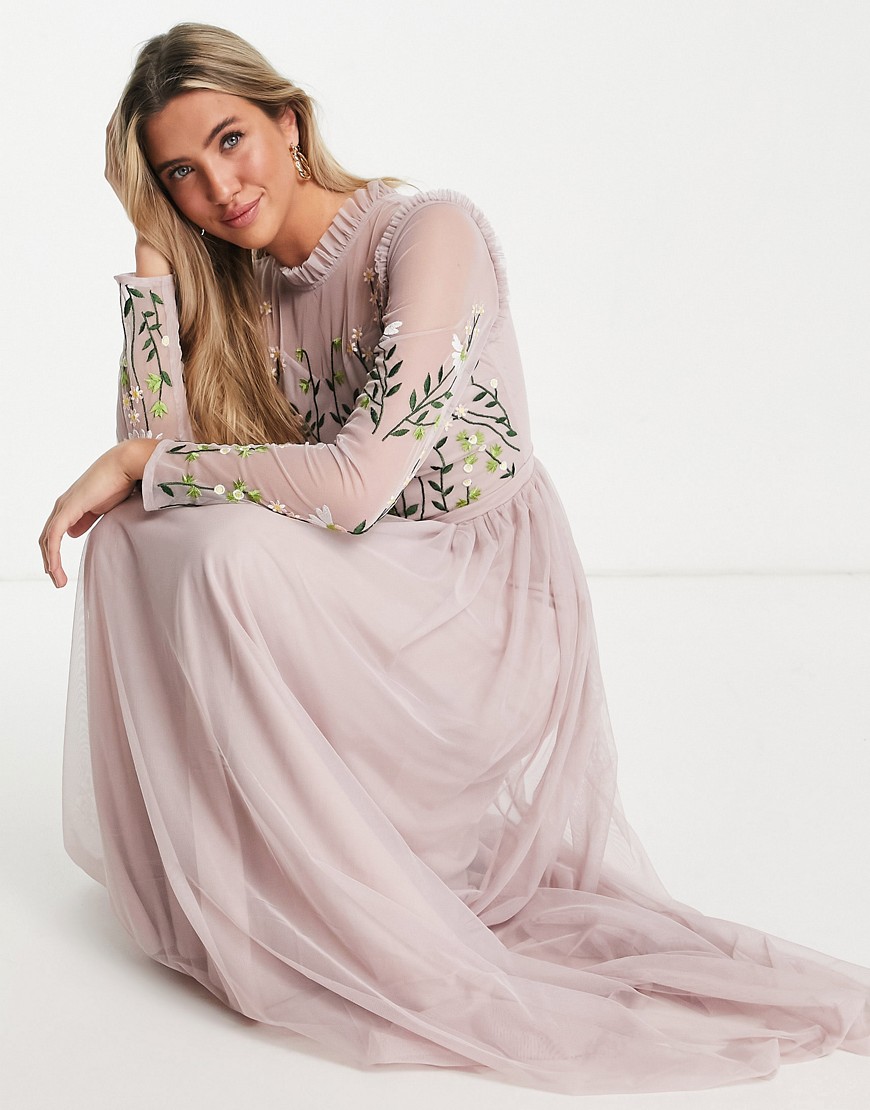 фото Платье макси светло-лилового цвета с декоративной отделкой на лифе и юбкой в складку frock and frill bridesmaid-фиолетовый цвет