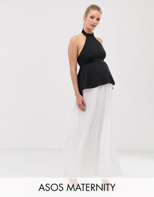 фото Платье макси в стиле колор блок с халтером и баской asos design maternity-черный asos maternity