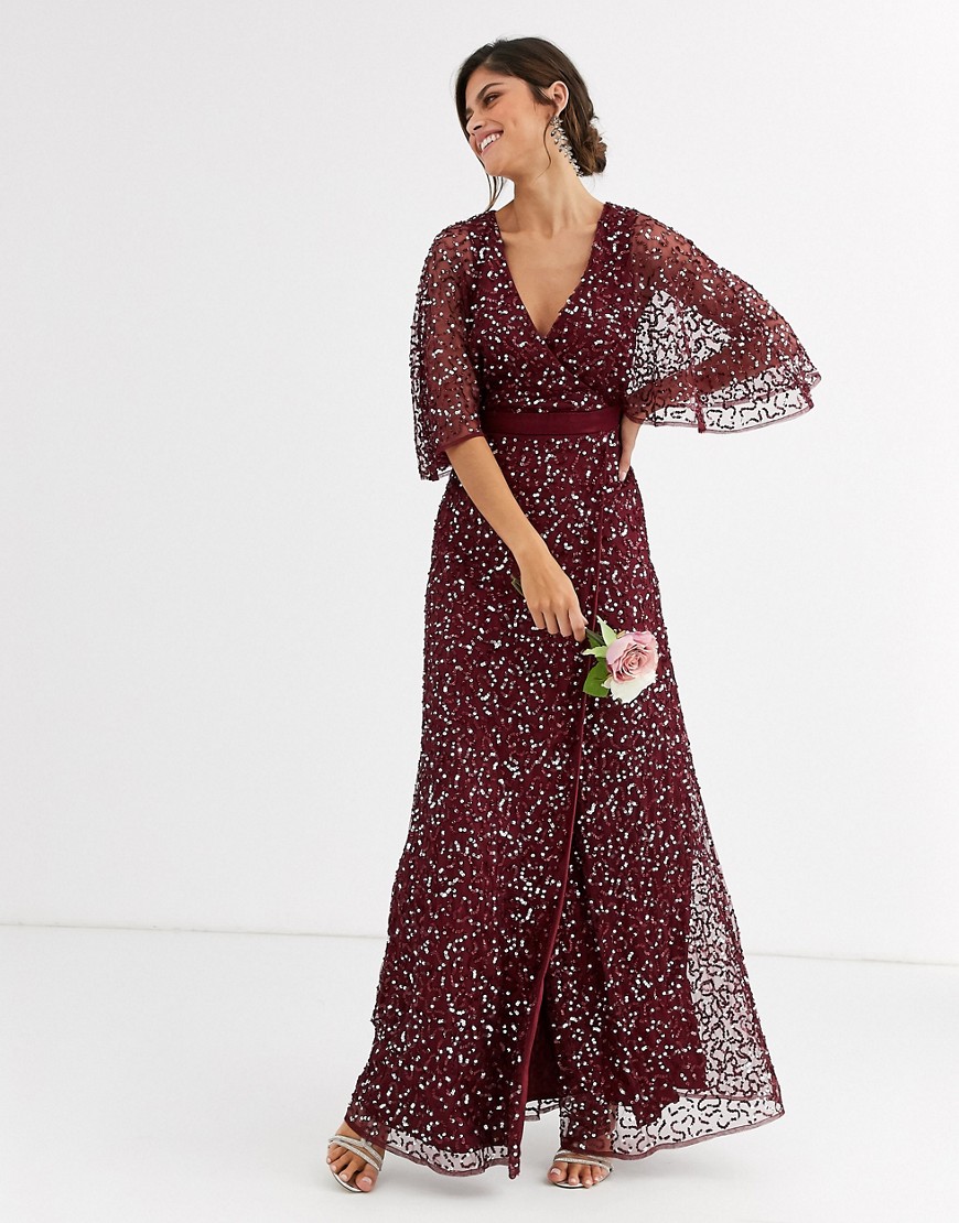 фото Платье макси винного цвета с запахом и пайетками maya bridesmaid-красный