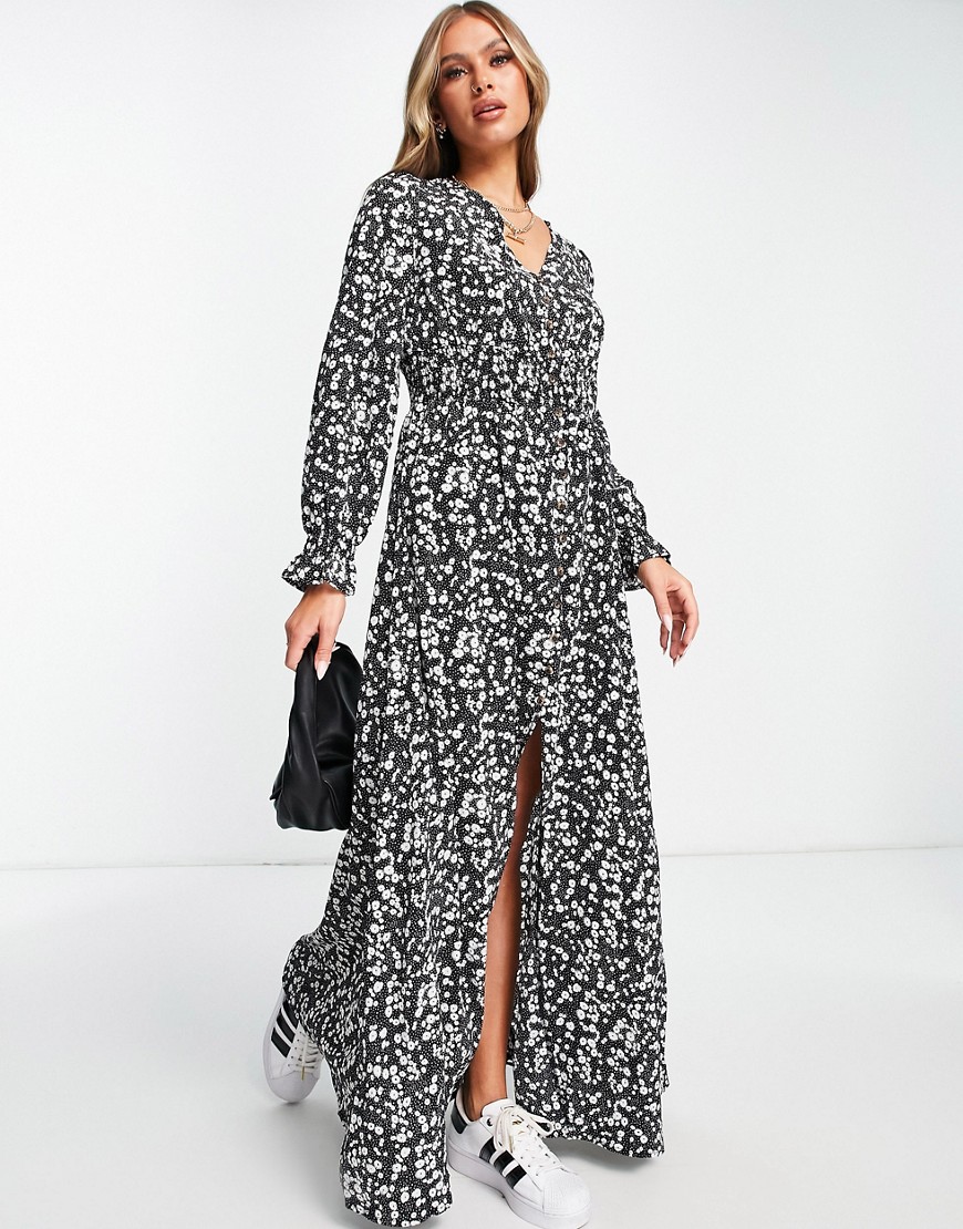 Платье мидакси с V-образным вырезом, монохромным цветочным принтом и пуговицами спереди -Черный QED London 105698813