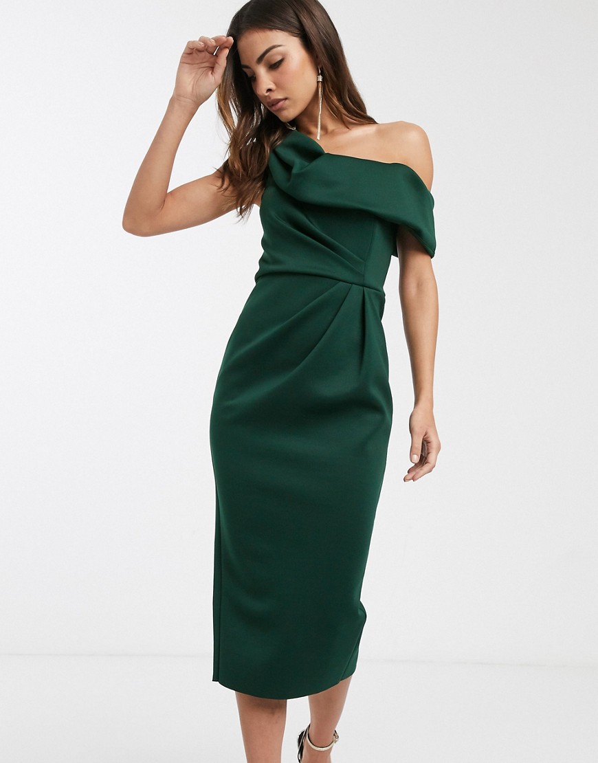 фото Платье-футляр миди со спущенным плечом и драпировкой asos design-зеленый