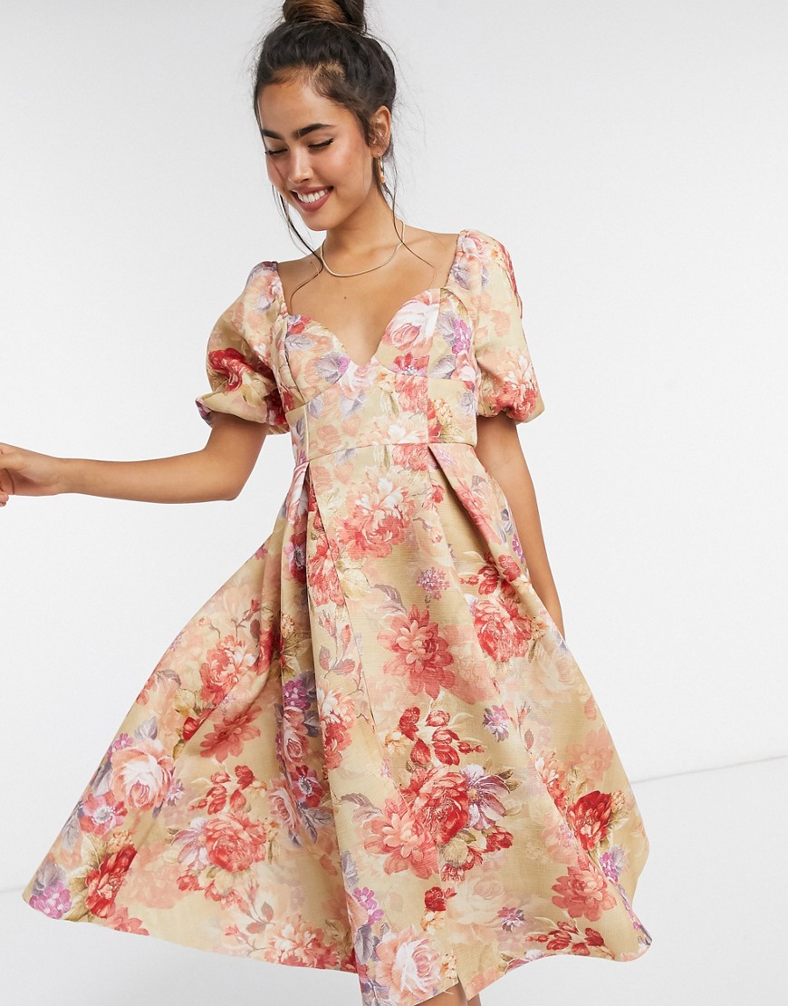 Платье миди для выпускного с чашечками и цветочным принтом ASOS DESIGN-Многоцветный