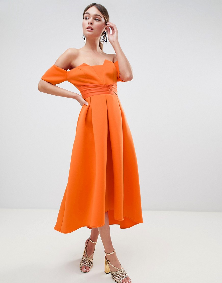 фото Платье миди для выпускного с широким вырезом и складками asos design-оранжевый