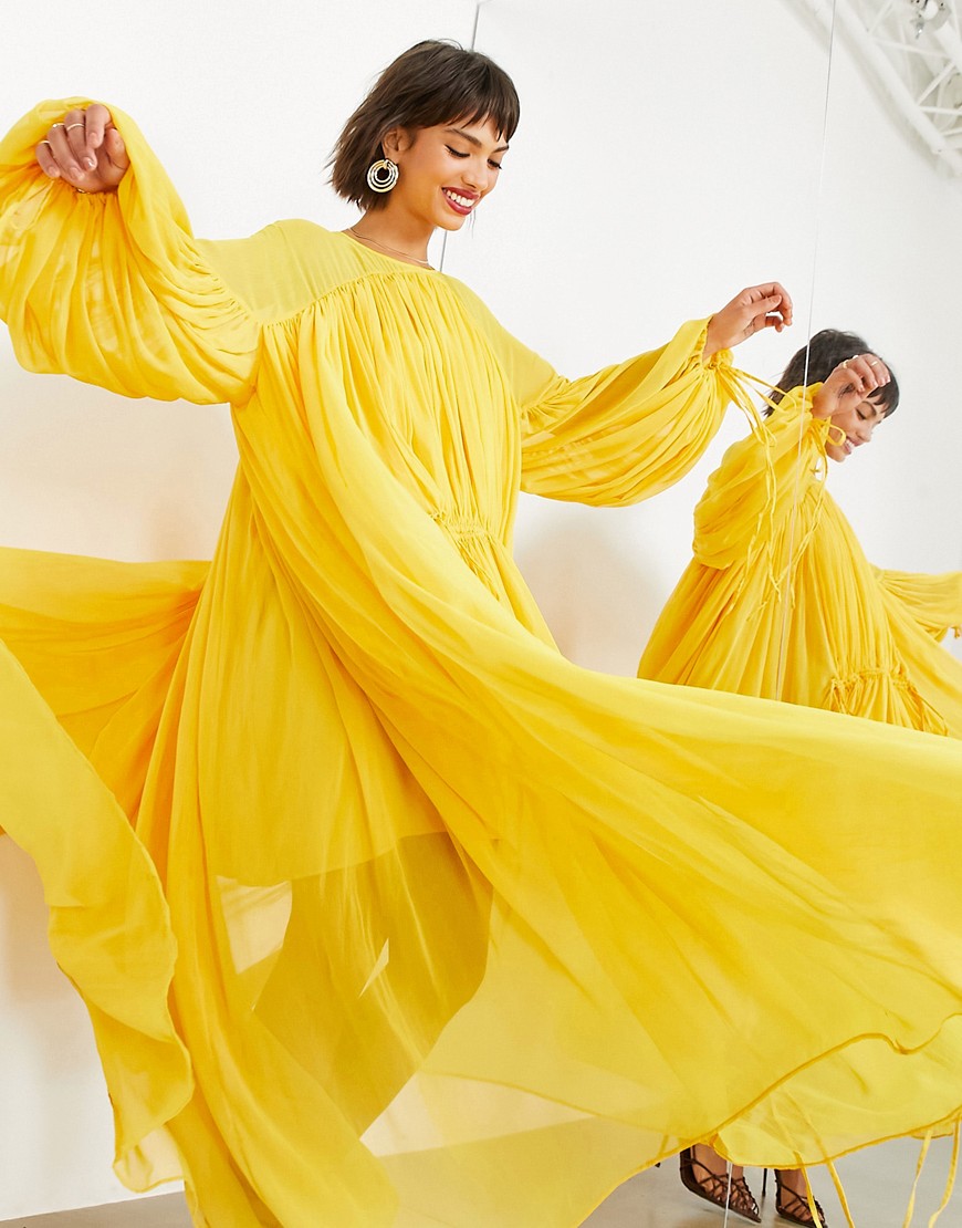 фото Платье миди горчичного цвета с присборенной горловиной asos edition-желтый