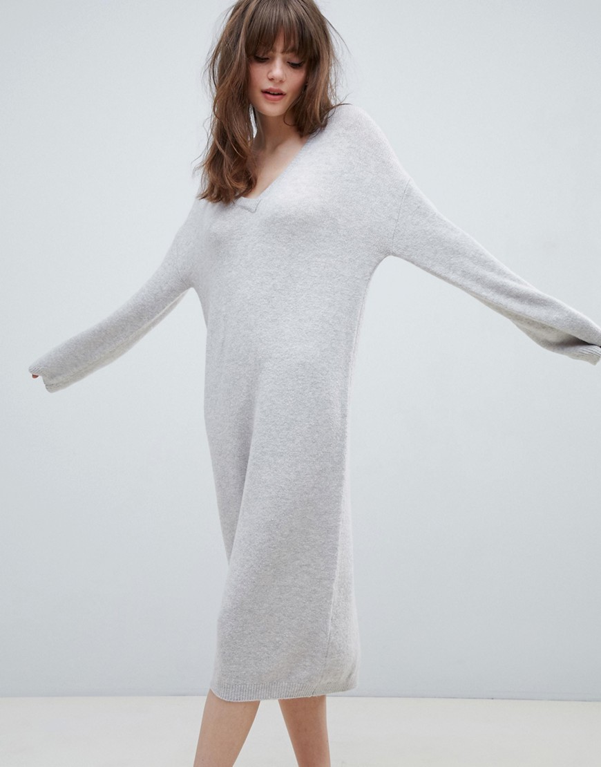фото Платье миди из экопряжи с v-образным вырезом asos design-светло-бежевый