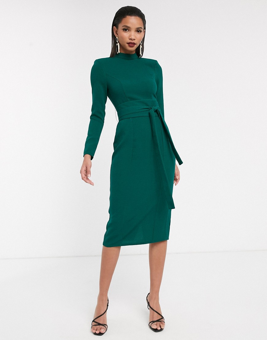 фото Платье миди с длинными рукавами и поясом оби asos design-зеленый