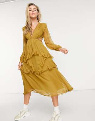 Платье миди с длинными рукавами и отделкой ASOS DESIGN-Зеленый цвет
