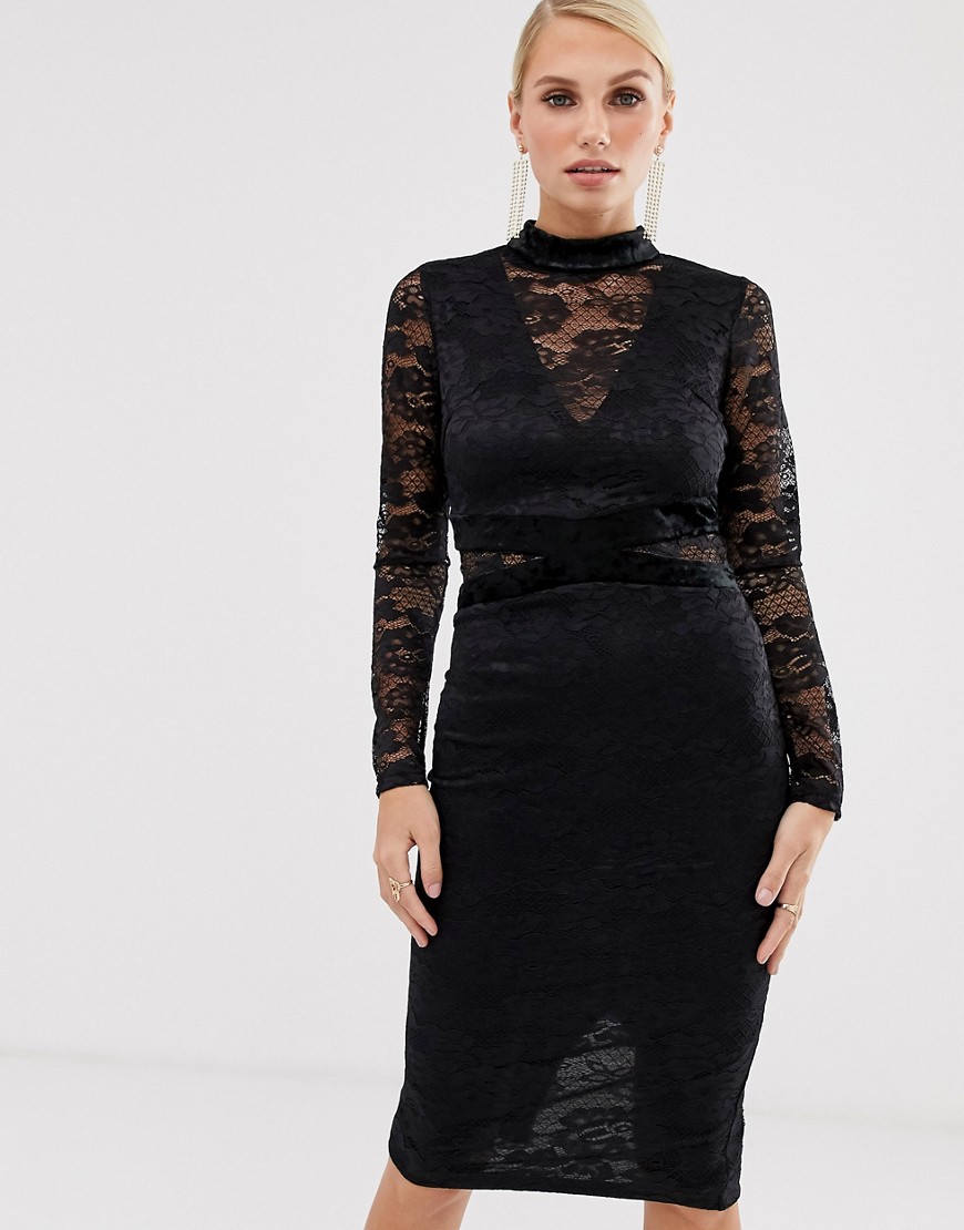 фото Платье миди с кружевными длинными рукавами ax paris-черный