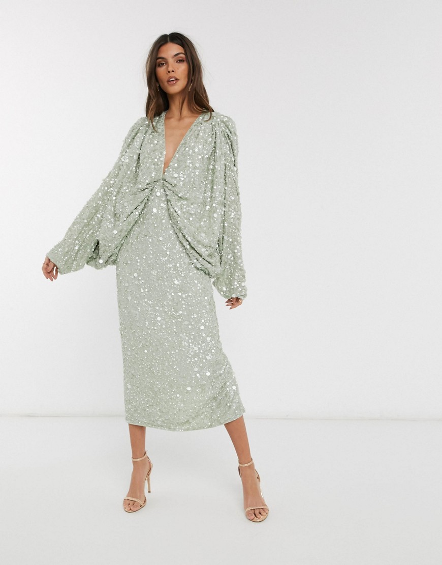 фото Платье миди с пайетками и рукавами кимоно asos edition-зеленый