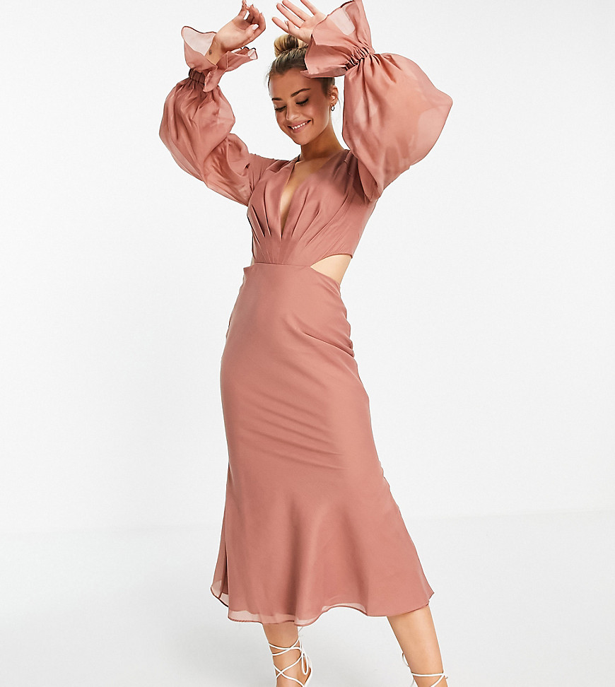 Платье миди с пышными рукавами на манжетах и складками ASOS DESIGN Tall-Розовый цвет Asos Tall 103748480