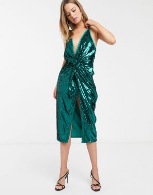 фото Платье миди с узелком и пайетками asos design-зеленый