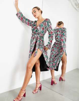 Платье миди с узором «ромбы», запахом, поясом и пайетками ASOS EDITION-Разноцветный