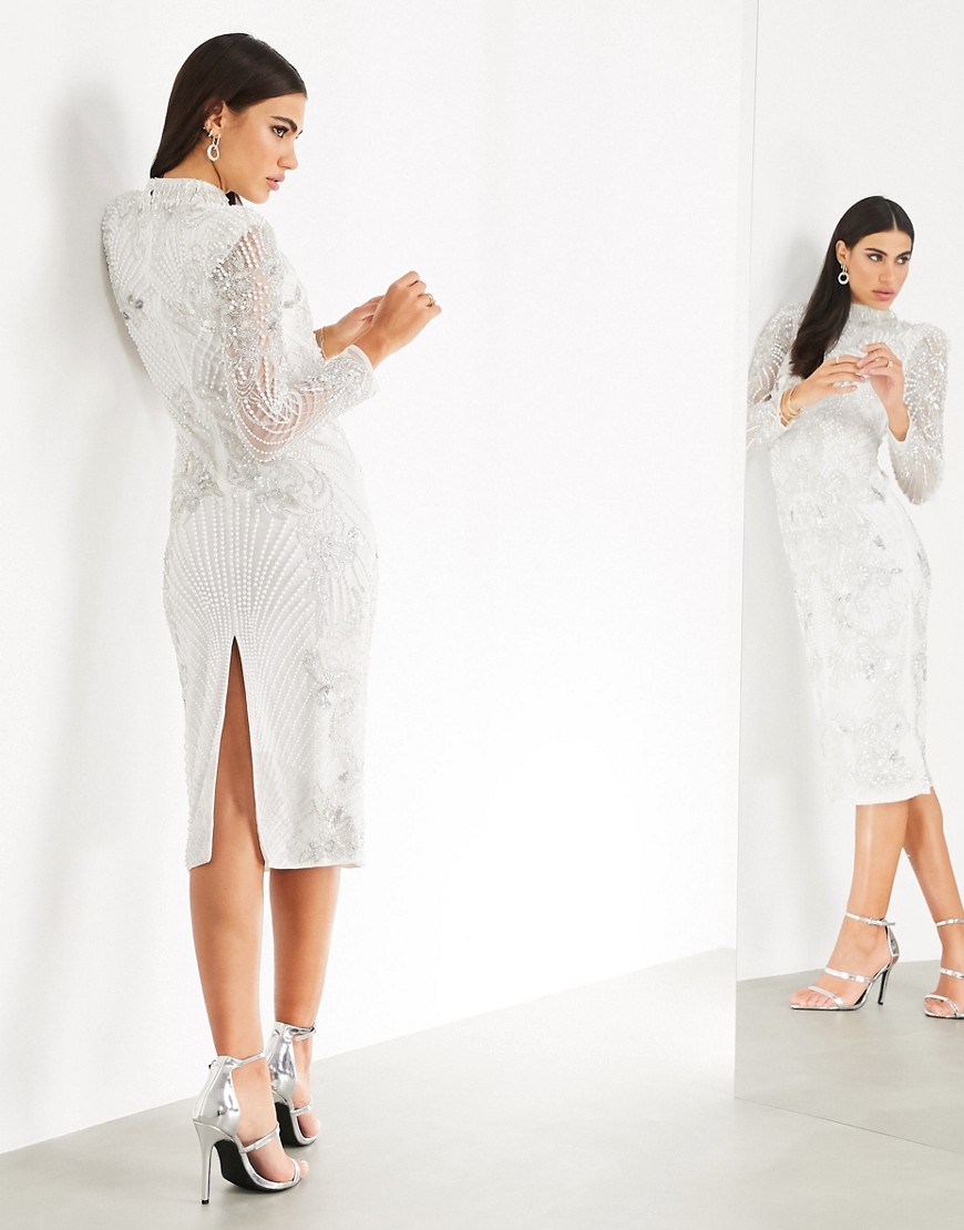 фото Платье миди с вышивкой искусственным жемчугом asos edition-белый