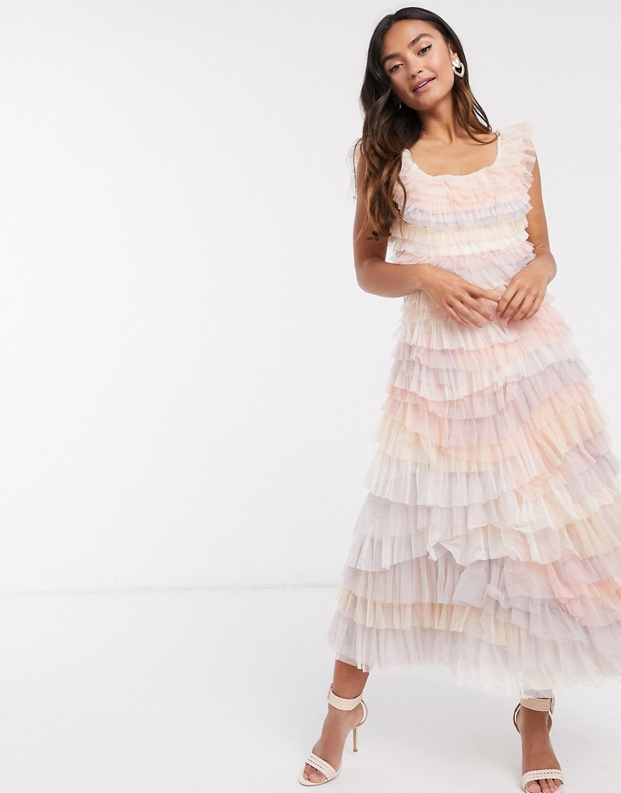 фото Платье миди с ярусными разноцветными оборками needle & thread-мульти