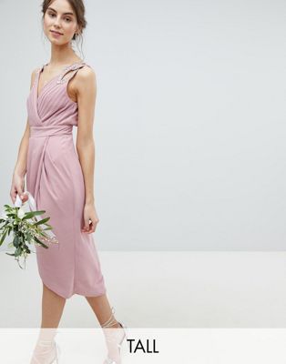 фото Платье миди с запахом и отделкой tfnc tall-розовый