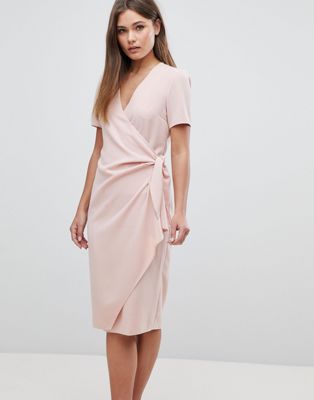 фото Платье миди с запахом и завязкой asos-розовый asos design