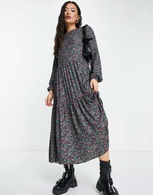 Платья для вечеринок  Asos Платье миди синего цвета с присборенной юбкой и длинными рукавами NA-KD-Голубой