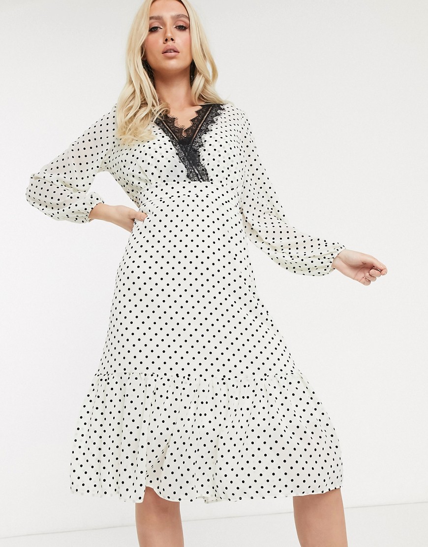 фото Платье миди в горошек с контрастным кружевом tfnc-мульти