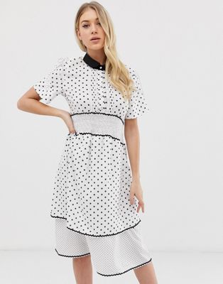 фото Платье миди в горошек в винтажном стиле c by cubic-белый