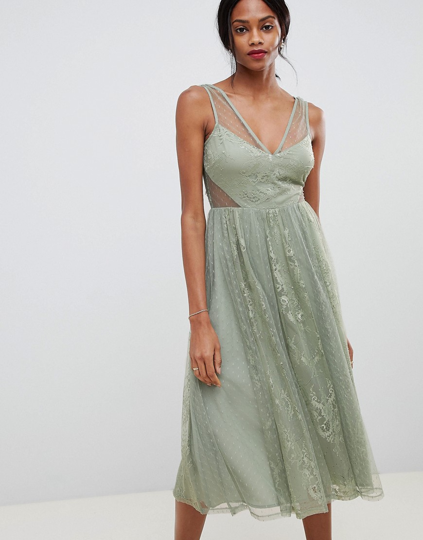 Платье миди в винтажном стиле с кружевом и сеткой добби ASOS DESIGN-Зеленый