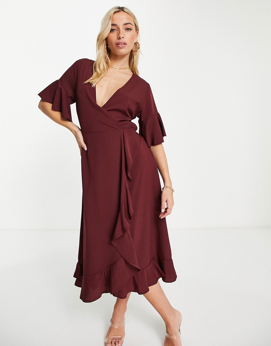 Платье миди винного цвета с запахом и оборками -Красный Ax Paris 104635760