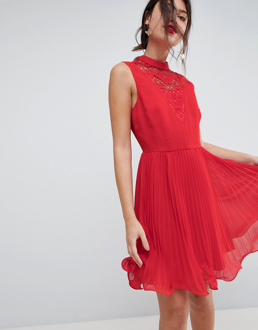 фото Платье мини без рукавов с кружевной вставкой и плиссированной юбкой asos-красный asos design