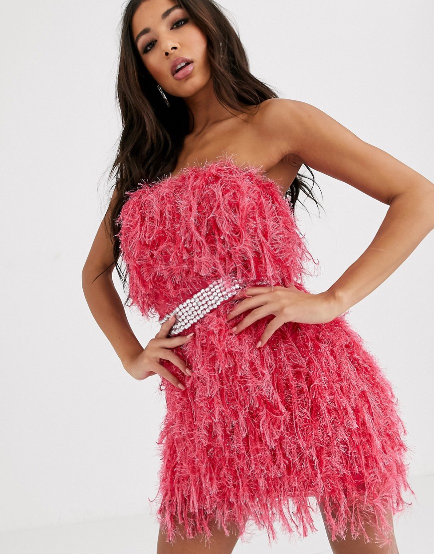 Платье мини из искусственных перьев с поясом из стразов ASOS DESIGN-Розовый цвет