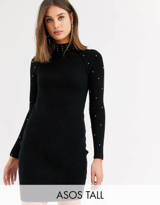 фото Платье мини крупной вязки с заклепками asos design tall-черный asos tall