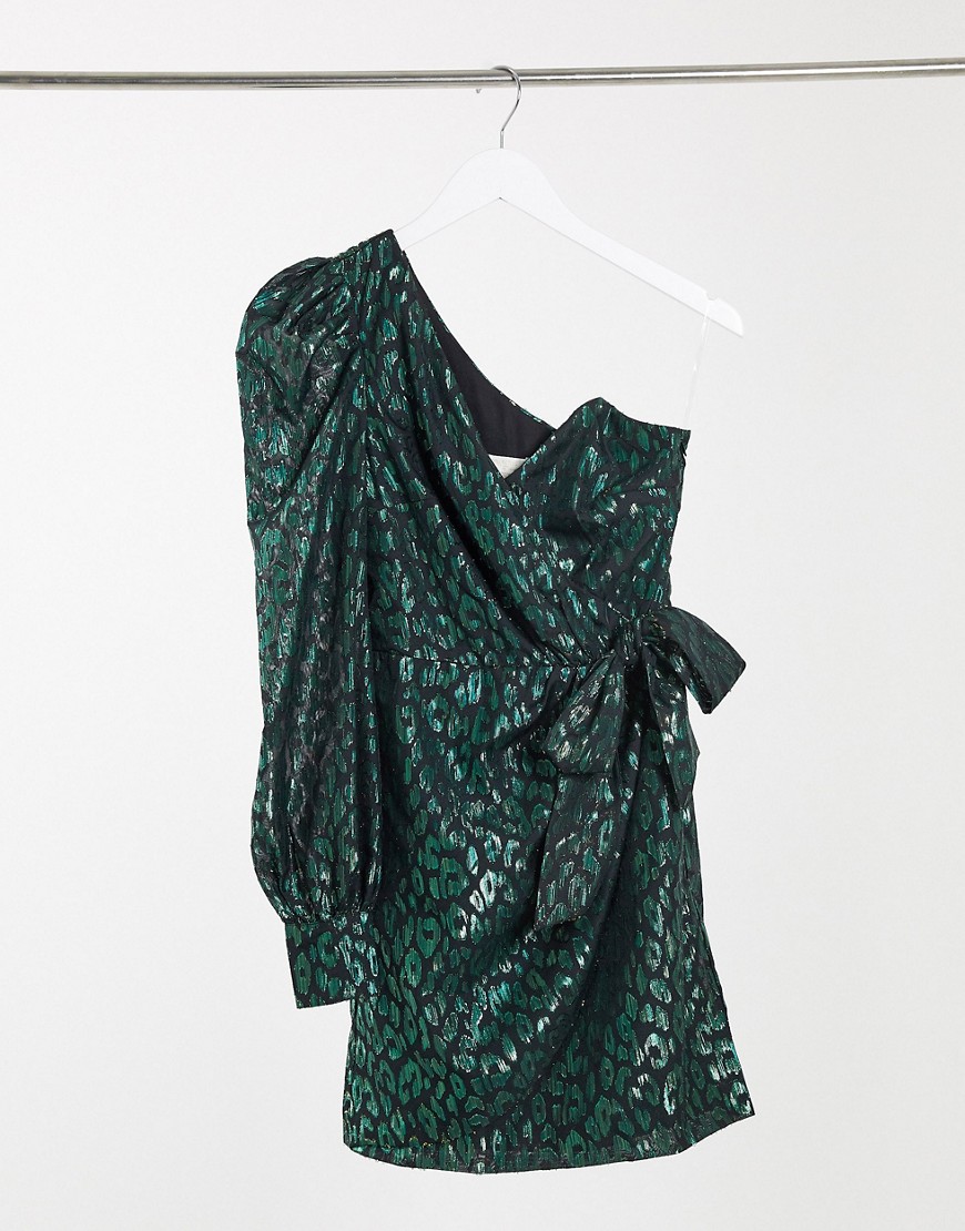 Платье мини на одно плечо из органзы изумрудно-зеленого цвета с леопардовым принтом и бантом на талии Collective The Label-Зеленый