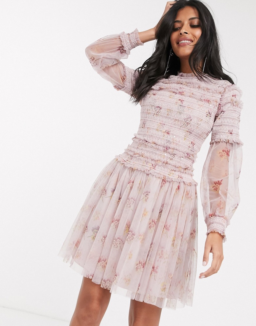 фото Платье мини с пайетками и прозрачными рукавами needle & thread-фиолетовый