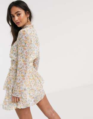 asos design high neck shirred waist mini dress in texture