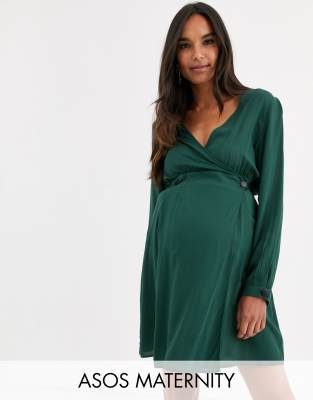 фото Платье мини с запахом и длинными рукавами asos design maternity-зеленый asos maternity