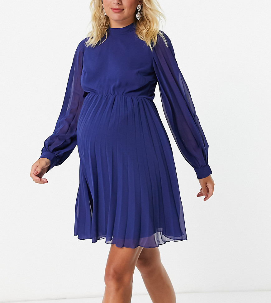 фото Платье мини темно-синего цвета с высоким воротом, плиссировкой, длинными рукавами и расклешенной юбкой asos design maternity-темно-синий asos maternity