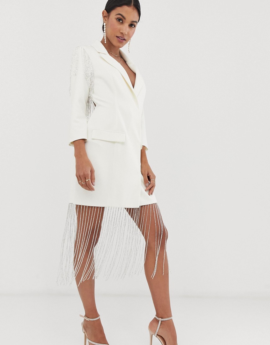 фото Платье-пиджак мини с декорированной бахромой asos-белый asos design