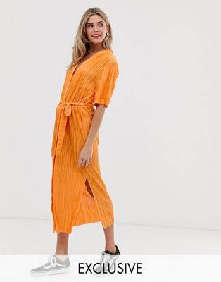 фото Платье-рубашка миди с поясом и разрезами по бокам another reason-оранжевый