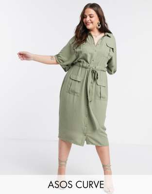 Платье-рубашка миди цвета хаки с пуговицами и поясом ASOS DESIGN Curve-Зеленый цвет