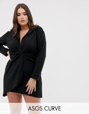 фото Платье-рубашка мини со сборками asos design curve-черный asos curve