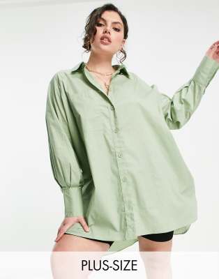 Платье-рубашка в стиле oversized с объемными рукавами нежного цвета хаки Threadbare Plus Size-Зеленый цвет