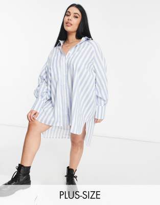 фото Платье-рубашка в стиле oversized в синюю полоску с объемными рукавами threadbare plus size-голубой threadbare curve